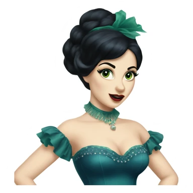 Burlesque dancer with black hair, pale skin, and green eyes in a dark blue vintage costume dancing sticker