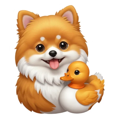 Pomeranian carrying a stuffed white toy duck in his mouth sticker