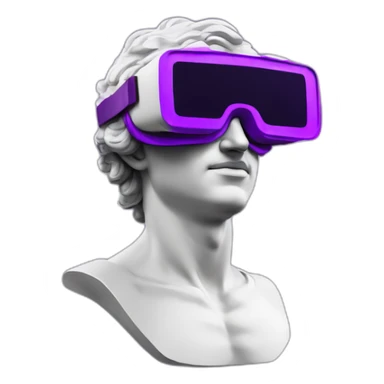 an EMOJI OF A ancient young greek statue, wearing VR headset, purple colors, DIGITAL UNIVERSE sticker