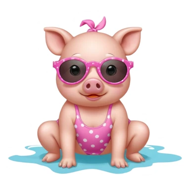 cute pig wearing  star-shaped sunglasses and polka dot bathing suit on all fours with nail polish sticker