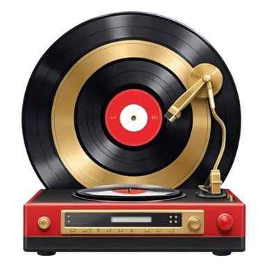 Icon for Vinyl Record Collecting: large black, golden and red vinyl records in decorative packaging featuring artist images, neatly arranged on a wall or shelf, modern vinyl record player. The icon should reflect the aesthetic and artistic aspect of collecting vinyl records. Transparent background. sticker