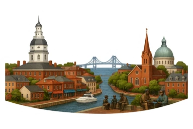 cinematic realistic emoji of Annapolis panoramic cityscape with Maryland State House, Naval Academy Chapel, Ego Alley, St. Anne's Church, Kunta Kinte-Alex Haley Memorial, Chesapeake Bay Bridge in the distance, lifelike detail, accurate colors, bright daylight, no sky, no clouds, transparent background sticker
