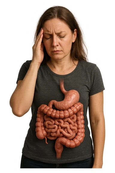 donna stanca che si tiene una mano sulla tempia con intestino umano anatomico visibile, iperrealistico 4k sticker