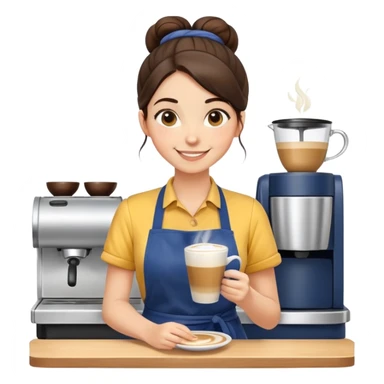 Cute brunette barista girl with hair in a bun wearing yellow shirt and dark blue apron, she's relaxed and making latte art, smiling at the coffee cup sticker
