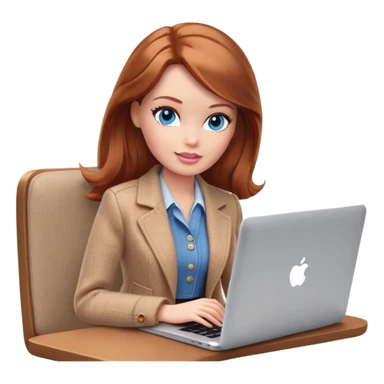 A Barbie girl with blue eyes, shoulder-length reddish-brown hair, made-up, wearing a beige tweed jacket and a beige skirt, is sitting with a MacBook sticker