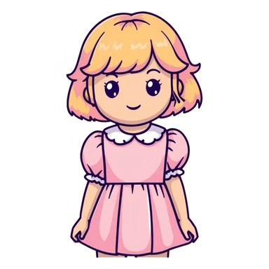 white or light brown girl with bangs, long light brown hair with curly blonde highlights, wearing a pastel pink dress with puff sleeves sticker