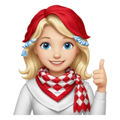 Blonde Girl, Blue Eyes, wavy hair, smiling, thumbs up, wearing red Checkered Triangle scarf, white dress sticker