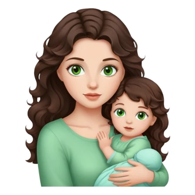 Beautiful girl with dark brown wavy hair and green eyes, holding baby girl with brown eyes sticker