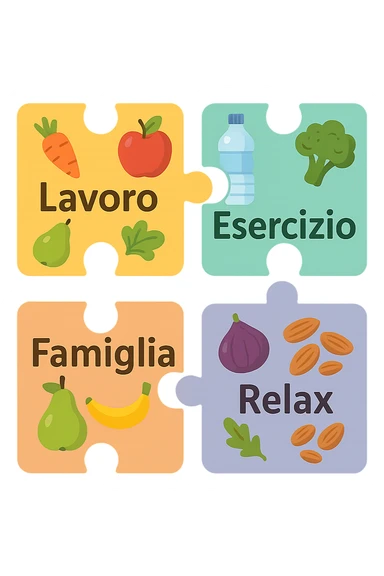 Puzzle (Lavoro, Esercizio, Famiglia, Relax), and healthy foods are integrated into each piece. in italiano sticker