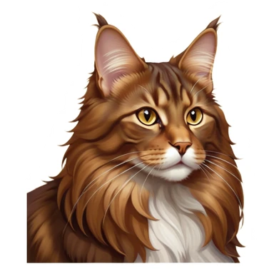 Cinematic Brown Maine Coon Cat Portrait Emoji, Elegant and alert, sleek brown and gold tones with hints of deep auburn, Simplified yet sharp features, highly detailed, glowing with a warm, confident glow, high shine, intelligent and poised with an air of wisdom, stylized with an air of grace, focused and attentive with a calm, old soul expression, soft glowing outline, capturing the essence of experience and majesty, so lifelike it feels as though it could spring into motion at any moment, radiating wisdom and grace. sticker