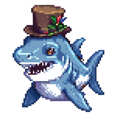 A pixel art style image of a shark wearing a top hat. sticker