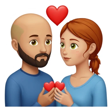 Couple. Bald man with dark brown-black beard. Woman with many small, faded, round freckles, white skin and she has auburn-yellow-brown dark hair. She has light yellow-brown-green eyes. He have hazel-blue eyes. They look at each other. Many small red hearts around them. sticker