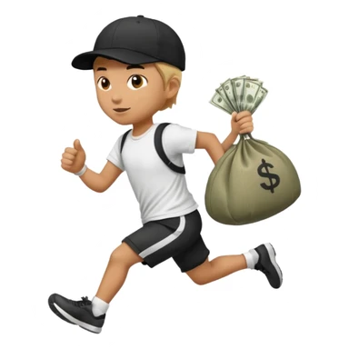 Thief with black cap white t-shirt with black Stripes emoji runing with money bag sticker