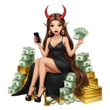 Sensual seductress long brown straight haired sexy drug lord woman with  glitter platform high heels on her feet,  and devil black horns on her head, holding a stack of cash, has a phone in other hand. Sitting on gold cases full of drugs, long black dress with sexy slit sticker