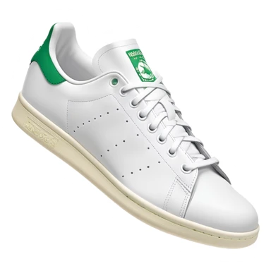 White Adidas Stan Smith shoe with green accents, iconic tennis sneaker, clean design, white with green heel tab, front angle view sticker