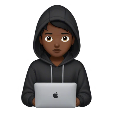hackeur cheveux noir et capuche noiravec un macbook sticker