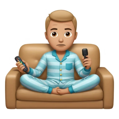 male memoji, lazy man in pajamas, lying on couch, holding TV remote, relaxed bored face, casual home vibe sticker