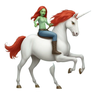 [politically incorrect
	{ woman: alien, color: light green, hair:red, eyes:cat} ]
	on a 
	[{ unicorn: white, legged:six, mane: light blue }] sticker