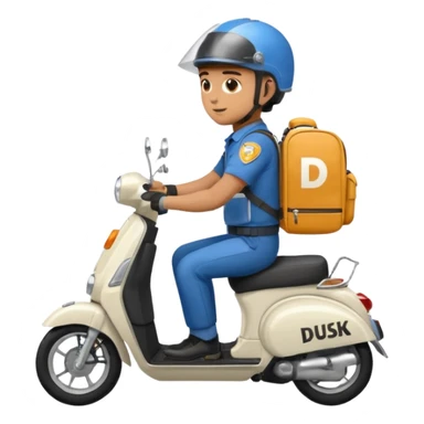 delivery  guy with skutter  on full helmeset and write dusk on biker delivery bag sticker