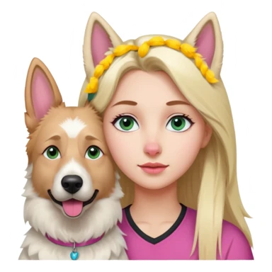 White European young woman with blue-green eyes and long blond hair with her white German Shepherd dog,the Dog has a pink nose and short fur  and Brown eyes sticker