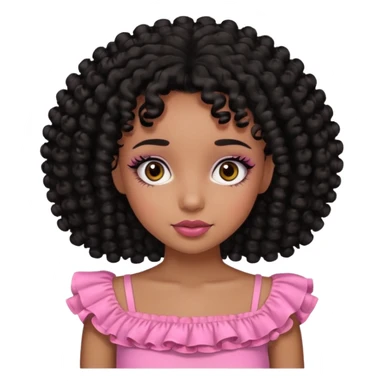 Black girl with black curly hair and a pink ruffle top and brown eyes with pretty eyelashes sticker
