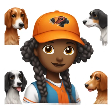 Brunette girl with braided pigtails in a bright orange baseball hat with a phesant on it with a tricolor English setter with a half black face sticker