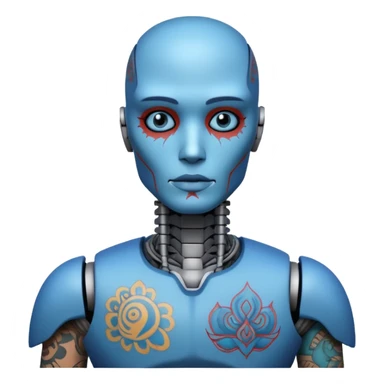 blue Tatooed robot, big many tatooes on chest, neck and face, tatoo on face sticker