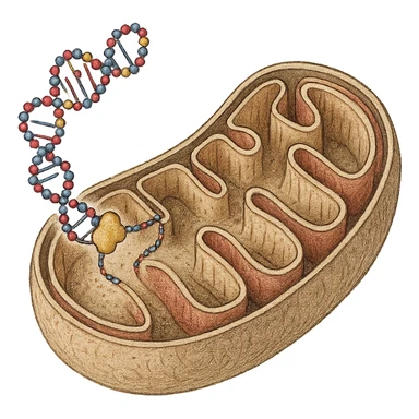 biogenesi mitocondriale, step 3: replicazione del DNA mitocondriale e formazione delle creste interne, hyperrealistic detailed colored drawing on white textured paper, isolated on white background, visible molecular details sticker