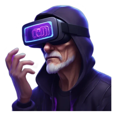Russian old man wearing a black hoodie with "OMG" letters on it and VR headset in a cyberpunk VR environment with violet neon lighting. sticker