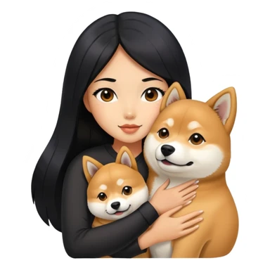 A beautiful girl with long black hair hugs a Shiba Lnu dog sticker