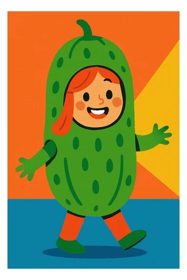 a girl dressed in a cucumber costume, smiling, colorful and fun sticker