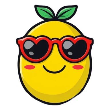 A lemon wearing red heart sunglass frame with black lenses with a cute smile  sticker