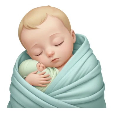 A tiny newborn baby wrapped snugly in a soft, pastel-colored swaddle blanket, peacefully sleeping with a serene expression. The baby’s small hands are tucked close to the chest, surrounded by a cozy, calm atmosphere in a warm nursery sticker