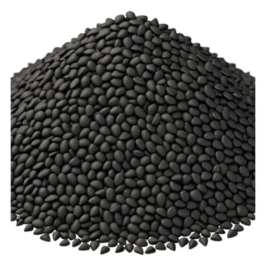 small scattered heap of tiny matte black seeds with irregular triangular shapes and slightly rough texture, loose organic pile with a few seeds dispersed around the base, no bowl or extras, apple emoji style, soft lighting, subtle shadows, transparent background, emoji scale sticker