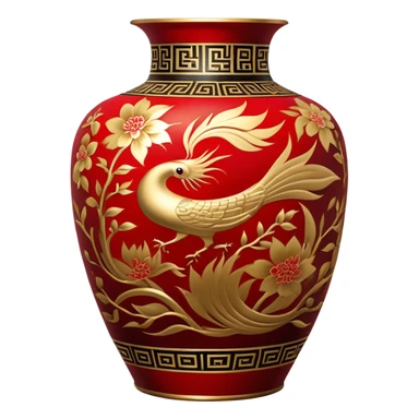 Chinese metal painting icon, intricate hand-painted Chinese patterns on metal vase, vibrant colors like red, gold, and black, delicate brushstrokes, visible fine paintbrush and metal surface, painting process, minimalistic style, clean lines, transparent background. sticker