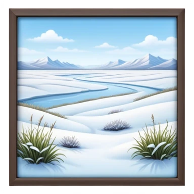 Cinematic Realistic Tundra Emoji in a wooden frame, Vast and cold, with wide expanses of snow-covered ground, sparse grasses poking through, and the occasional hardy shrub breaking up the pale white landscape. The sky above is a pale, frosty blue, and the light reflects off the snow, creating a serene yet starkly beautiful environment. Soft glowing outline, capturing the essence of a quiet, still, frozen wilderness where life endures despite the harsh conditions. sticker