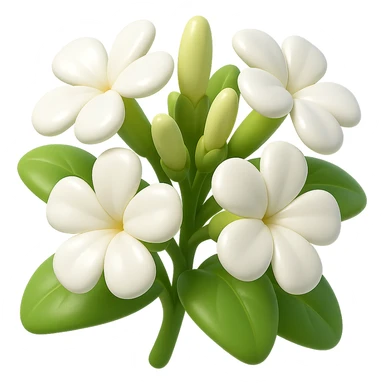 Create 3D iOS-style cartoon soapwort (Saponaria) flowers with extra volumetric and rounded shapes, exaggerated cute white petals, big green leaves, playful proportions, soft lighting, and a glossy effect. No background, no face or smile. Style inspired by GPT Image style. sticker