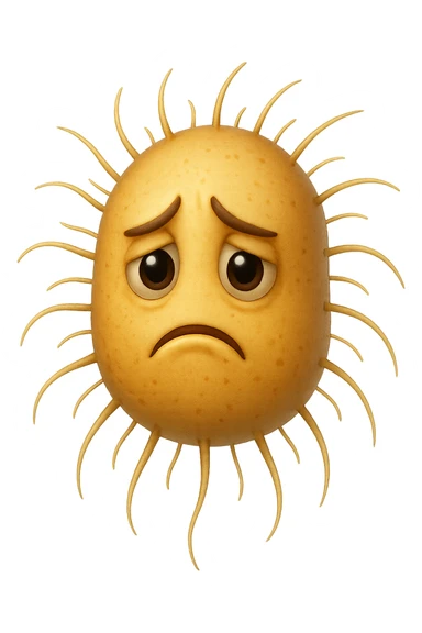 emoji stile iphone di batteri intestinali con espressione triste che fluttuano in aria, iperrealistico 4k, isolato su sfondo bianco sticker