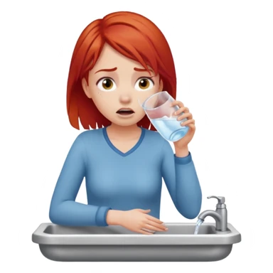 apple style emoji of a girl with red hair trying to drink water from a sink but unable to, looking desperate with an empty glass sticker
