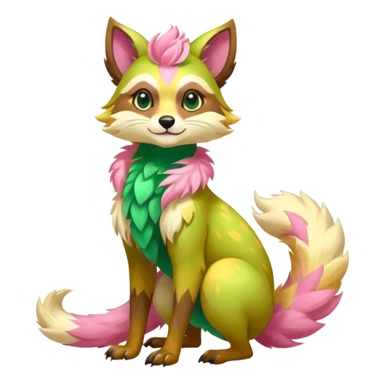 Colorful brown with rose-pink, yellow-beige-cream, jade-green tropical exotic shiny beautiful fantasy-Vernid-Cacomistle-animal-Fakémon-hybrid-fursona (full body) sticker