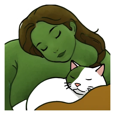 brunette caramel haired girl sleeping with mostly white and light grey cat sticker