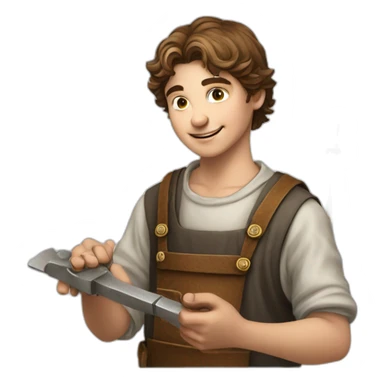 young coin engraver apprentice yielding tool, medieval age sticker