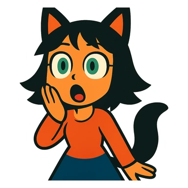 a surprised girl with huge green eyes, black fox ears, and a tail, dark hair sticker