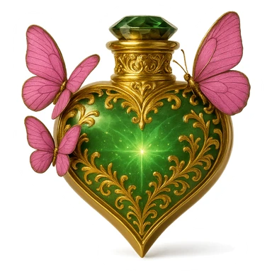 Create a one-to-one heart-shaped bottle as in the example, with the main color green and gold details. Add a bright crystalline effect inside the bottle. Keep the pink butterflies as shown. Remove the background. sticker