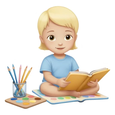Flat illustration emoji of a small child sitting and reading a book with colored pencils or paint palette nearby, happy and peaceful expression, soft pastel colors (yellow, light blue, soft pink), rounded shapes, minimal details, child-friendly, warm and gentle style sticker