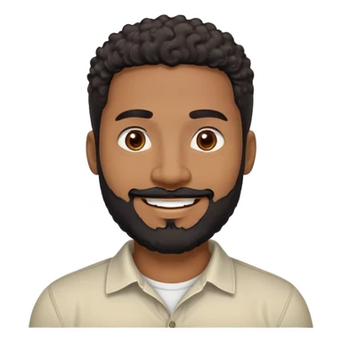 Caribbean man in his early 40s with medium brown complexion. Round friendly face. Energetic expression with wide smile. Cheerful dark eyes. Thick eyebrows. Wide nose. Well-groomed full black beard. Short curly black hair with faded sides. Wearing a cream colored casual shirt. sticker