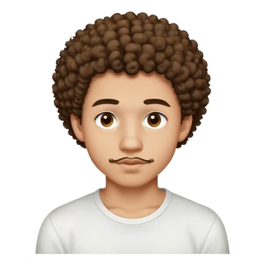 a 17 year old light-skinned boy with slightly brown eyes, small mustache above his lip, very curly hair like a small afro with cut sides, one twisted curl falling on his forehead, wearing a tight white shirt sticker
