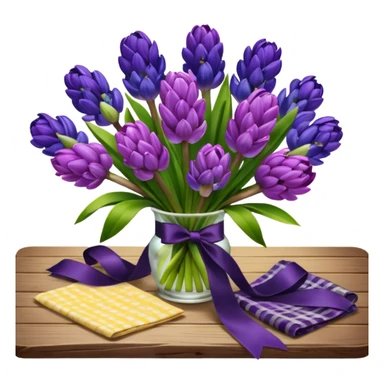 A lush bouquet of bright prple color Hyacinths black satin ribbon, resting on an antique wooden table, with a pale yellow and pink plaid pattern table cloth sticker