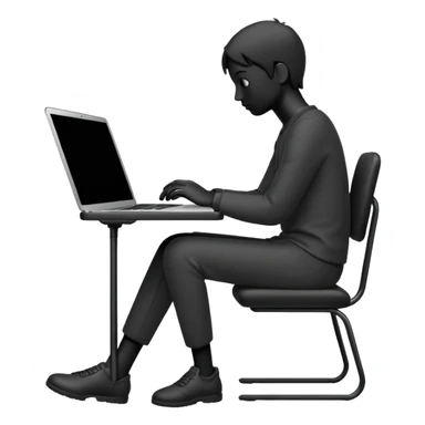 Minimalistic flat vector icon, iOS style, thin black contour on white background. Person silhouette sitting with a laptop, code brackets <> on the screen. Clean, no te sticker