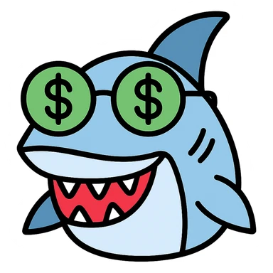 cartoon shark with money glasses, colored icon sticker